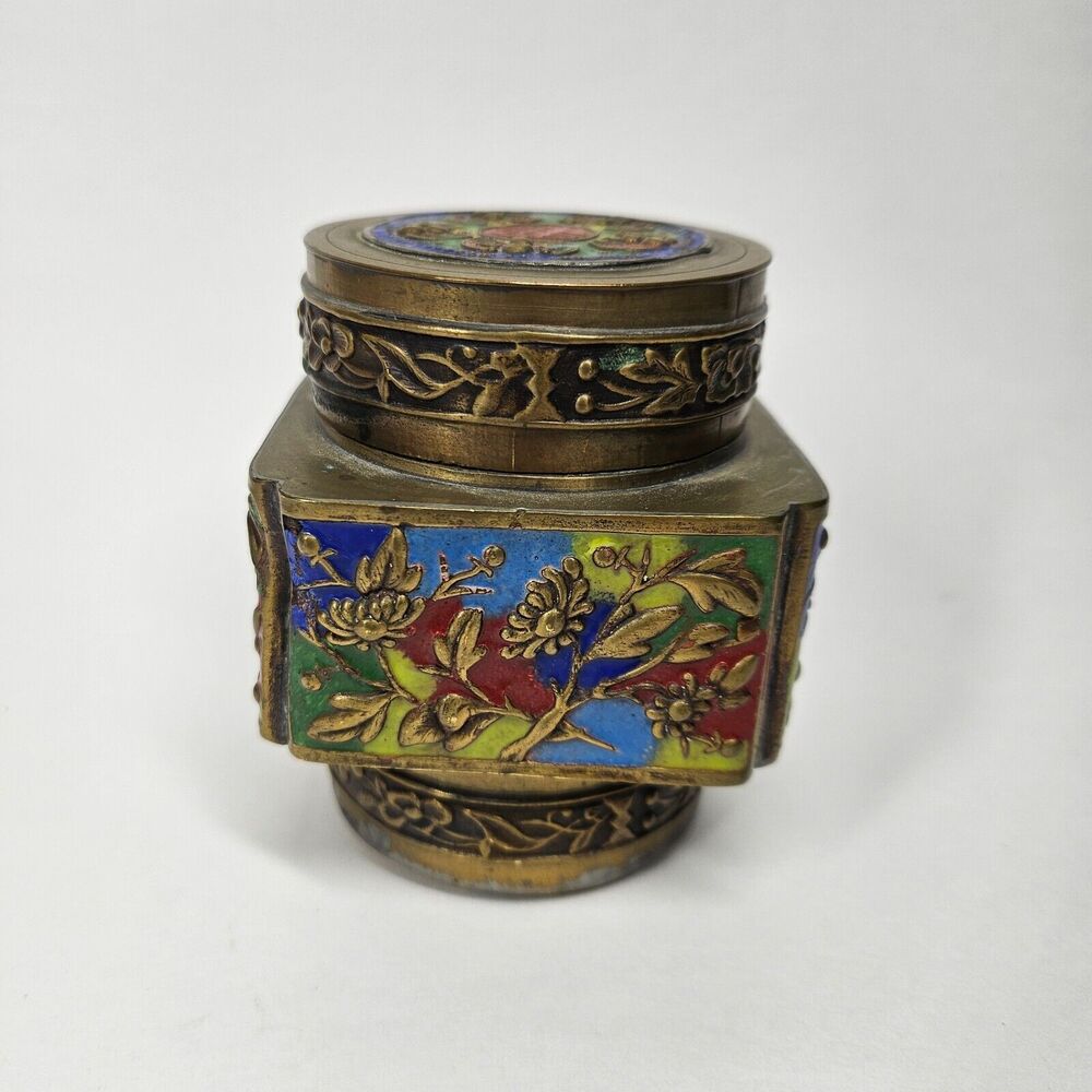 Brass Cloisonne Jar w/Lid Vintage Chinese Tea Caddy Trinket Box